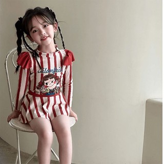 Đồ bơi cho bé gái tay dài sọc đỏ trắng - Bộ đồ bơi 3 món dễ thương chống nắng đi biển