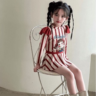 Đồ bơi cho bé gái tay dài sọc đỏ trắng - Bộ đồ bơi 3 món dễ thương chống nắng đi biển