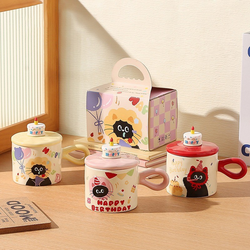 Cốc Sứ Sinh Nhật Nắp Bánh Kem Hình Mèo Cute – Ly Sứ Happy Birthday Tặng Sinh Nhật Độc Đáo Cho Bạn Bè, Người Yêu