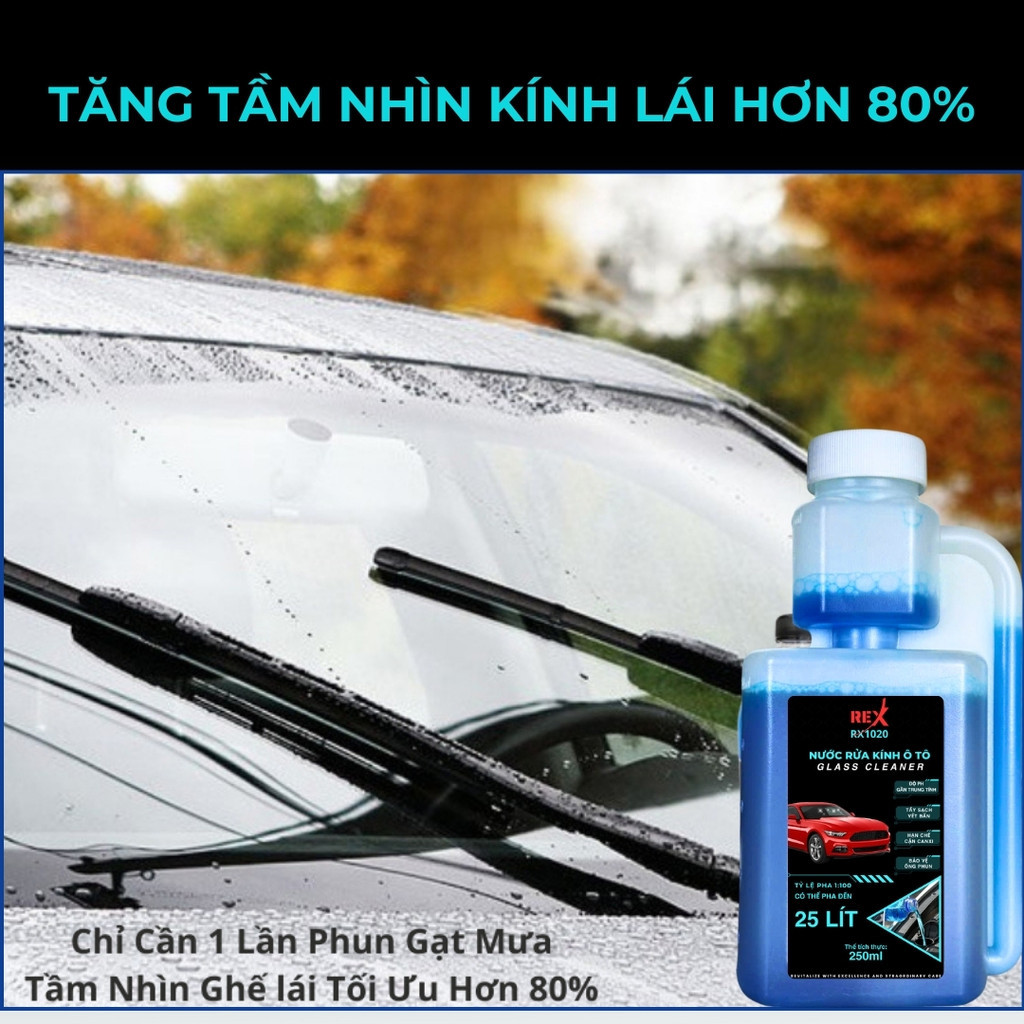 Nước Rửa Kính Ô Tô REX Glass Cleaner 250ml Rửa sạch kính, Hạn chế cặn canxi, Bảo dưỡng gạt mưa