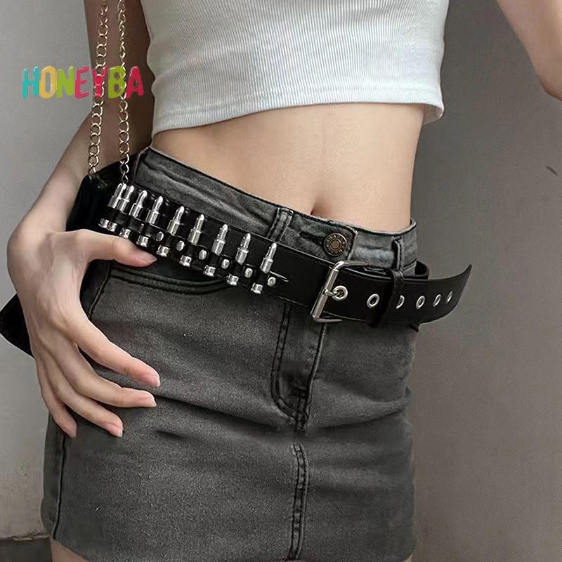 < Honeyba > Đinh Tán Rỗng Viên Đạn Trang Trí Dây Da Thời Trang Đính Đá Goth Có Thể Điều Chỉnh Nữ Punk Đai Đen