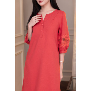 SWANLAKE | Váy Đầm Nữ Suông Cổ Trụ Cài Nút Vải Linen Tay Lỡ Phồng Thêu Hoa Phối Lưới Công Sở D12815