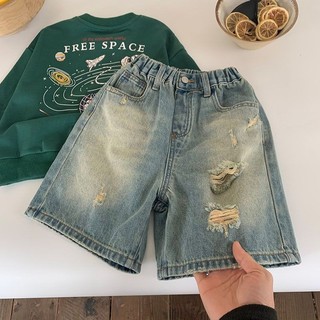 2025 Mới Quần Trẻ Em Quần Jean Mỏng Bé Trai Quần Short Bé Rách Quần Crop Quần Giữa
