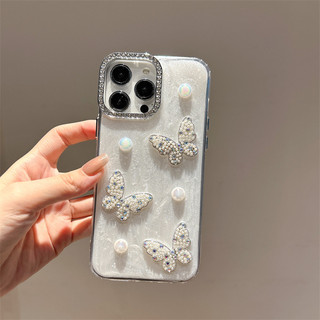 Sang Trọng 3D Ngọc Trai Kim Cương Bướm Wrsit Dây Xích Màu Trắng Epoxy Ốp Lưng Điện Thoại iPhone 16Promax 12 13 14 15 Promax 11 16Plus Chống Sốc Nữ Điện Thoại Di Động