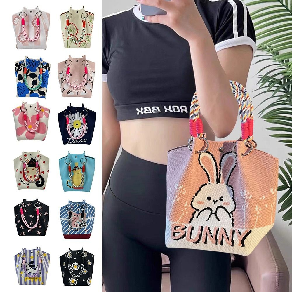 HOBBYIN Túi Đeo Vai HOBBYIN, Túi Xô Dệt Kim Dung Tích Lớn Handmade, Túi Xách Khóa Vòng Dệt Hoạt Hình Thời Trang Cho Nữ Bé Gái