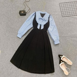 Đầm bigsize nữ yếm tiểu thư tay dài cổ nơ váy dáng dài màu đen thanh lịch cho chuppy từ 58 đến 92 ký A688