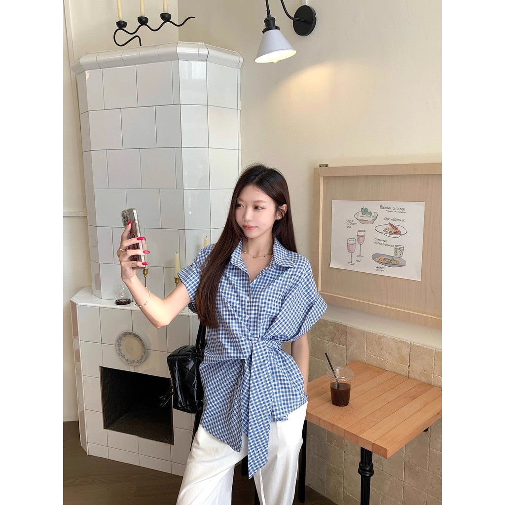 Áo sơ mi cổ ngắn tay cổ điển kiểu Pháp mới dành cho nữ 250813