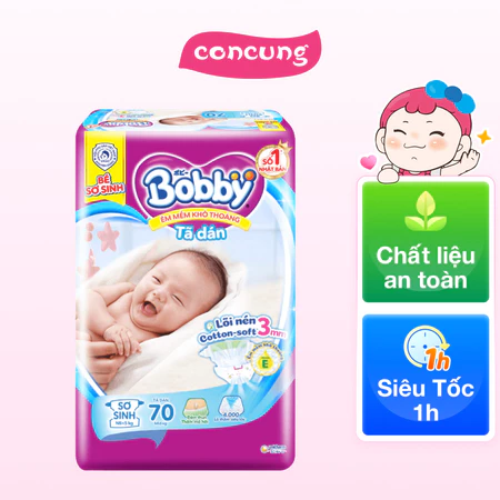 Tã dán Bobby siêu thấm - khô thoáng (Sơ sinh, dưới 5kg, 70 miếng)