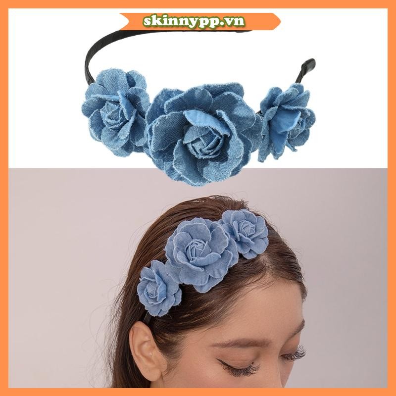 Băng đô đầu nữ phong cách ngọt ngào mùa xuân, chất liệu denim họa tiết hoa hồng