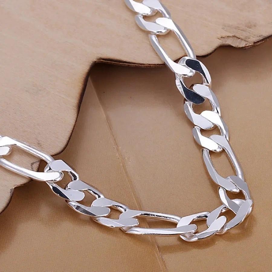 Fine 925 Vòng Tay Bạc 6-8 Mm Nam Nữ Dây Xích Cưới Trang Sức Thời Trang Figaro 20cm