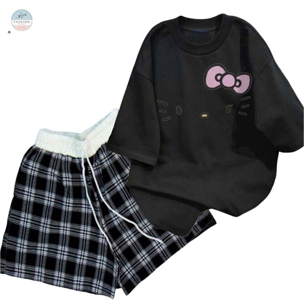 sét bộ quần đùi cộc kẻ caro cạp chun màu trắng +mix áo phông form rộng- hình MÈO ĐƠN GIẢN-QUẦN ÁO 94