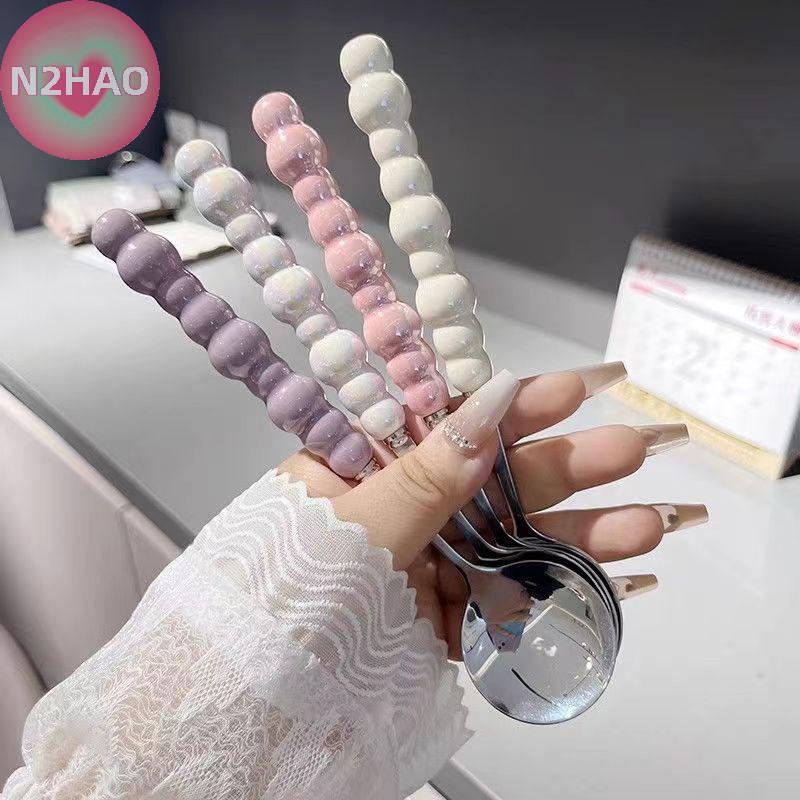 N2hao Ngọc Trai Tay Cầm Thìa Inox Khuấy Thìa Kem Bánh Món Tráng Miệng Thìa Thanh Phụ Kiện Nhà Bếp Đảng Dao Kéo Tiện Ích n