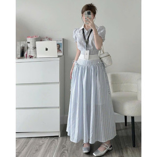 Set Váy Dài Kẻ Sọc Xanh Tiểu Thư Sang Chảnh