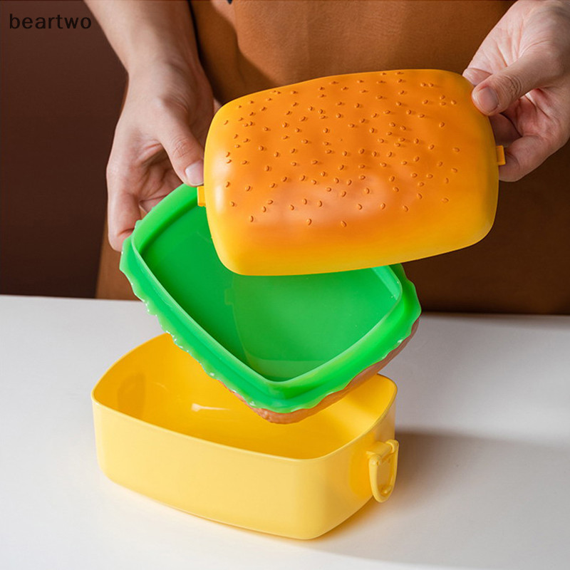 < Beartwo > Hộp Cơm Trưa Hamburger Hai Tầng Dễ Thương Burger Bento Hộp Lò Vi Sóng Trẻ Em Đi Học Hộp Đựng Thực Phẩm Nĩa Bộ Đồ Ăn Quà Tặng Đẹp