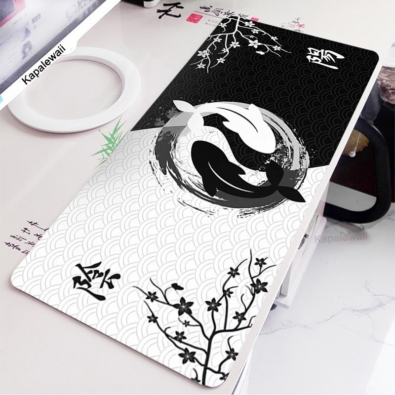 Koi Yinyang Đen Trắng Miếng Lót Chuột Lớn Mausepad Xxl Deskmat Bàn Phím Màu Xám Chuột Thảm 900x400 Thảm Mở Rộng Cho Văn Phòng
