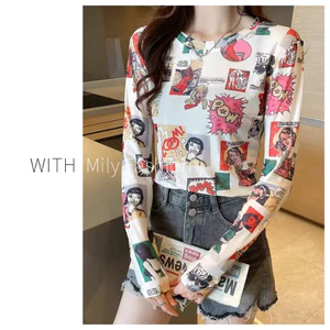 Milyfashion Phong Cách Mới Kem Chống Nắng Ice Silk Dài Tay T Mùa Hè Hoạt Hình In Gạc Nhìn Xuyên Qua Mờ