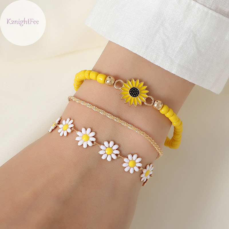 K2nightfee 3 Chiếc Dễ Thương Hoa Cúc Mặt Dây Chuyền Vòng Chân Bộ Dành Cho Nữ Bohemian Đính Hạt Hướng Dương Xếp Chồng Dây Tay Phụ Kiện Trang Sức VN