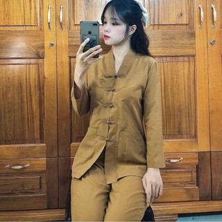 Mẫu cổ V nút thắt la hán truyền thống,set đồ lam nữ đi chùa Áo Top