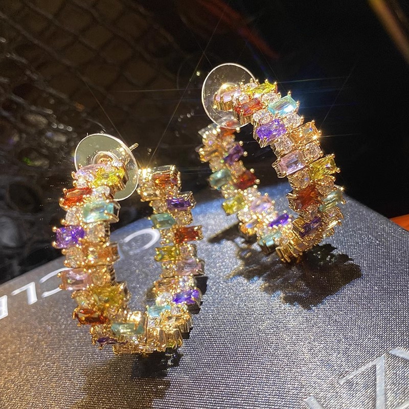 Bạc Kim Vuông Nhiều Màu Sắc Zircon Bông Tai Sang Trọng Ánh Sáng Sang Trọng Bông Tai Bán Buôn