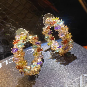 Bạc Kim Vuông Nhiều Màu Sắc Zircon Bông Tai Sang Trọng Ánh Sáng Sang Trọng Bông Tai Bán Buôn