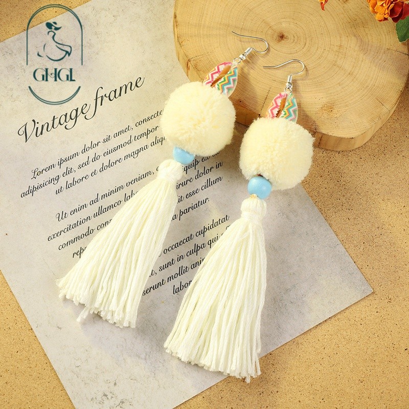 [Ghgl] Hàng có sẵn hs Bohemian Retro Pompom Pompom Tua Rua Bông Tai Nữ Kỳ Nghỉ Phong Cách Dân Tộc Phong Cách Dài Niche Tính Khí Bông Tai Độc Đáo Độc Đáo