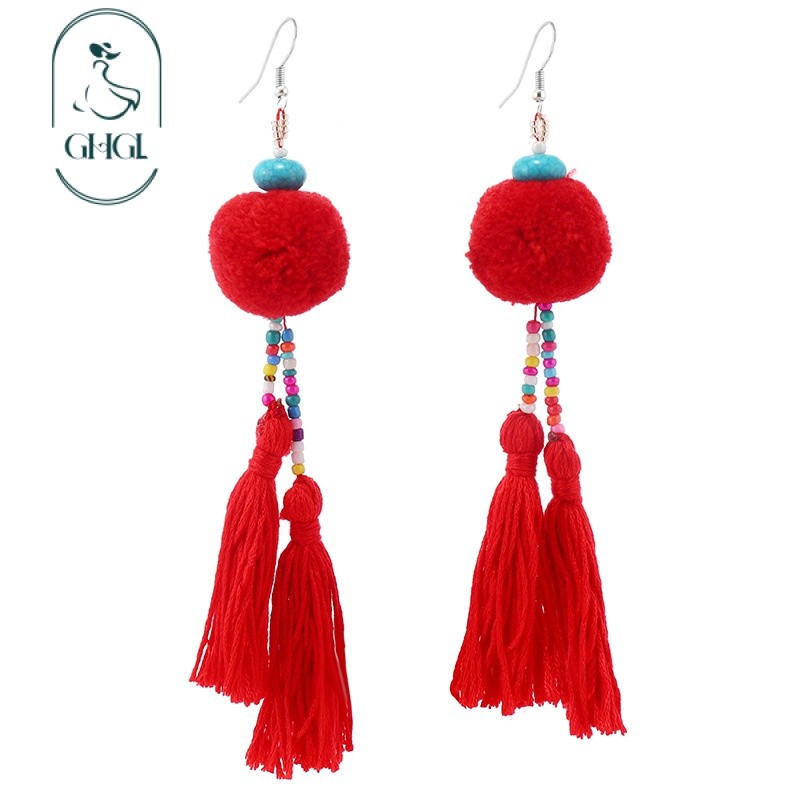 [Ghgl] Hàng có sẵn hs Bohemian Retro Pompom Pompom Tua Rua Bông Tai Nữ Kỳ Nghỉ Phong Cách Dân Tộc Phong Cách Dài Niche Tính Khí Bông Tai Độc Đáo Độc Đáo