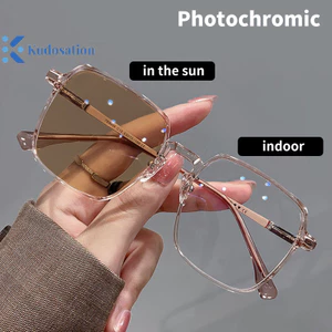 Kudosation Siêu Nhẹ Vuông Photochromic Kính Dành Cho Nữ Vintage Chống Ánh Sáng Xanh Đổi Trà Kính Mát Kính Mắt