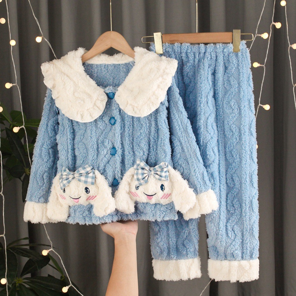 Bộ đồ ngủ lông cừu san hô trẻ em bé gái mùa thu đông flannel dày mặc ở nhà Bộ đồ 8-18 size 280g sang trọng