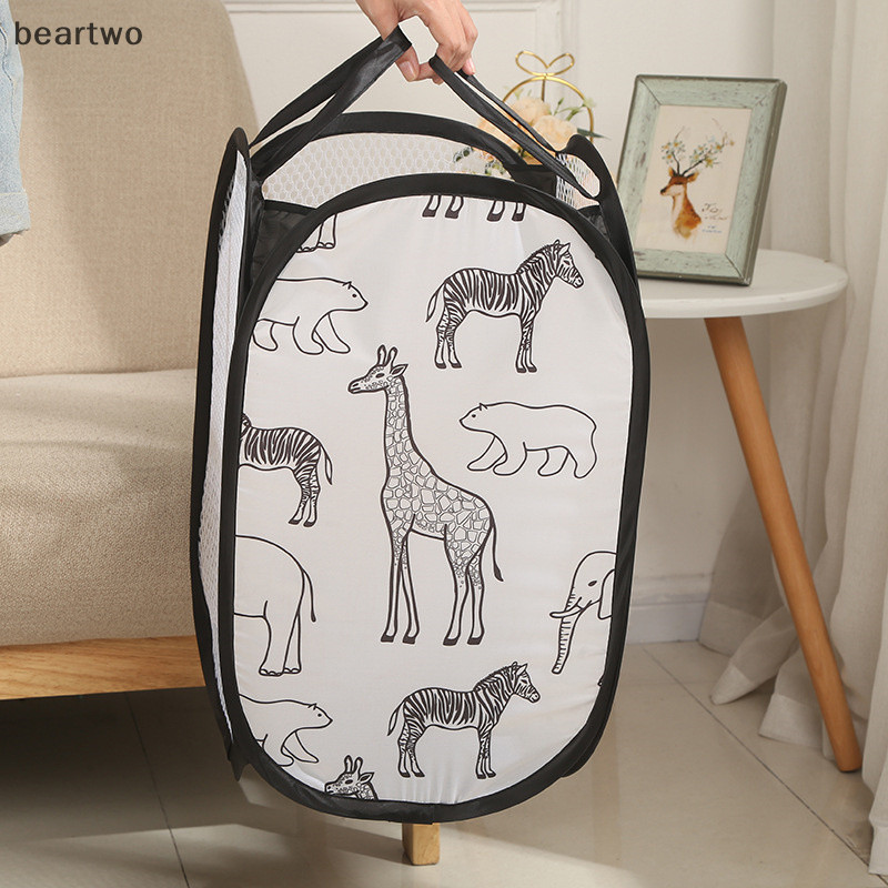 < Beartwo > Giỏ đựng đồ giặt có thể gập lại hoạt hình cho quần áo bẩn Giỏ đựng đồ giặt gia đình Hươu cao cổ In vải lưới Polyester tổ chức đẹp