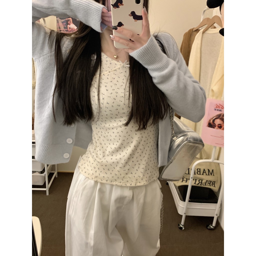 Suxi Thu Đông Pháp Retro Hoa Thời Trang Đơn Giản Slim Fit Áo Thun Dài Tay Nữ Top 240903