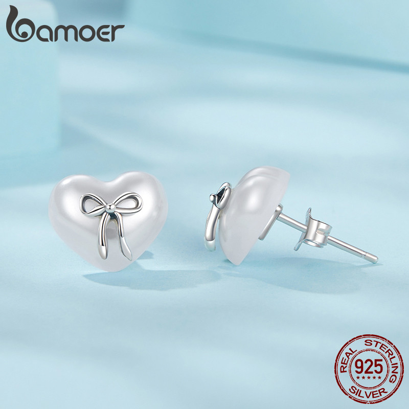 Bamoer Bạc 925 Bông Tai Nơ Trái Tim Món Quà Trang Sức Cho Nữ