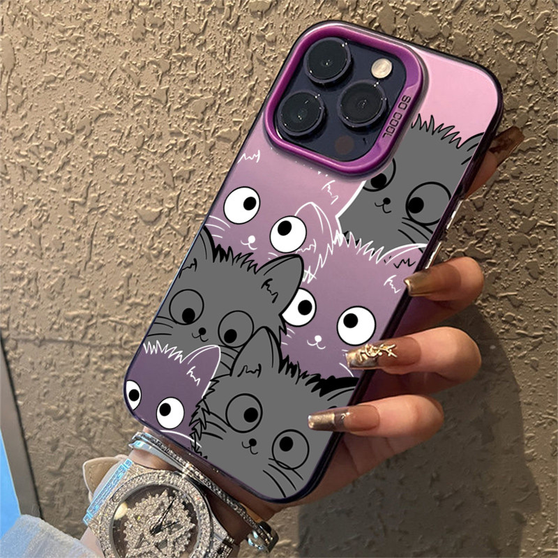 Ốp Lưng Cho iPhone 11 16 14 15 12 13 Pro Max 16e 8 7 Plus XR X XS Max SE2020 2022 Phim Hoạt Hình Mèo Sang Trọng IMD Kim Loại Cứng Chống Sốc