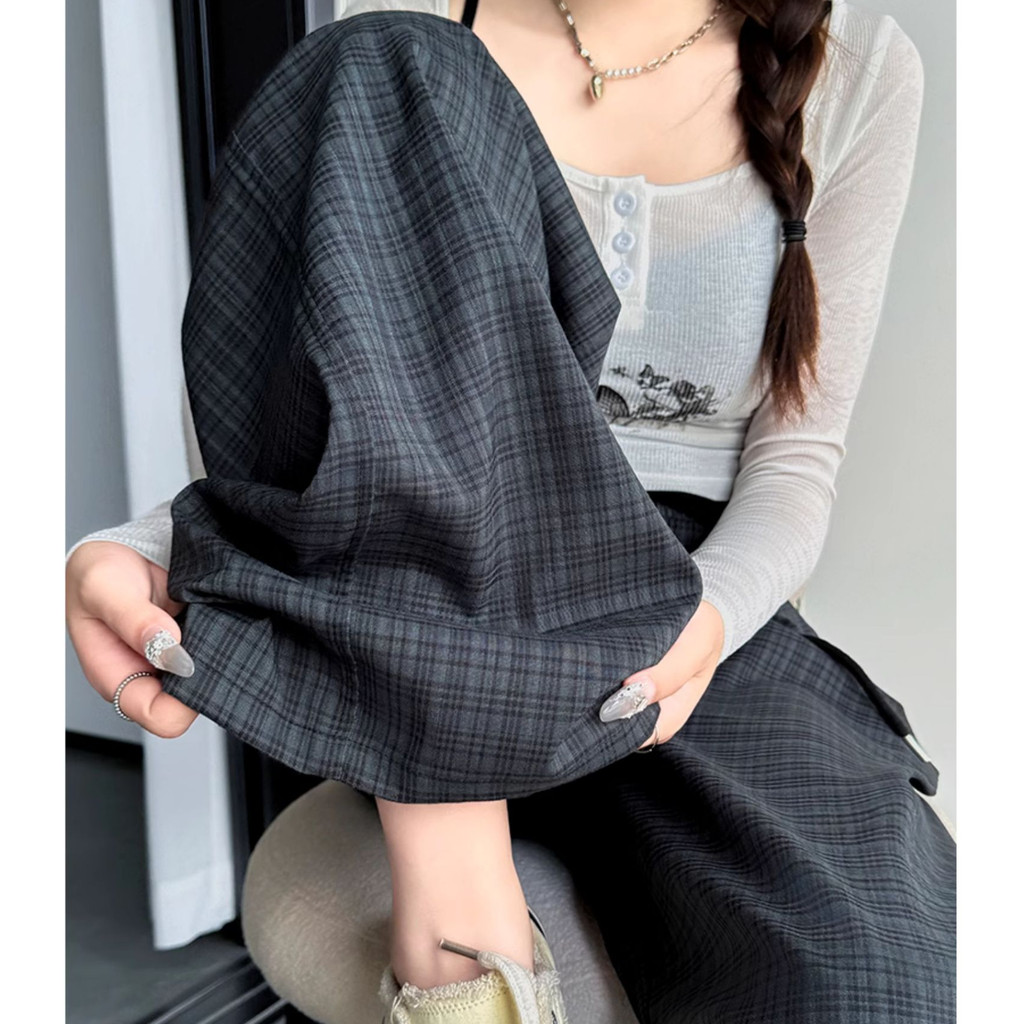 Suxi Thu Đông Mới Retro Ca rô Drape Quần ống rộng eo cao Quần thẳng nữ 240911