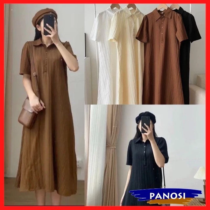 Váy suông đầm suông đầm polo chất đũi gân thiết kế dáng sơ mi tay cộc form rộng (KHÔNG KÈM VÁY 2 DÂY LÓT) PANOSI - V9