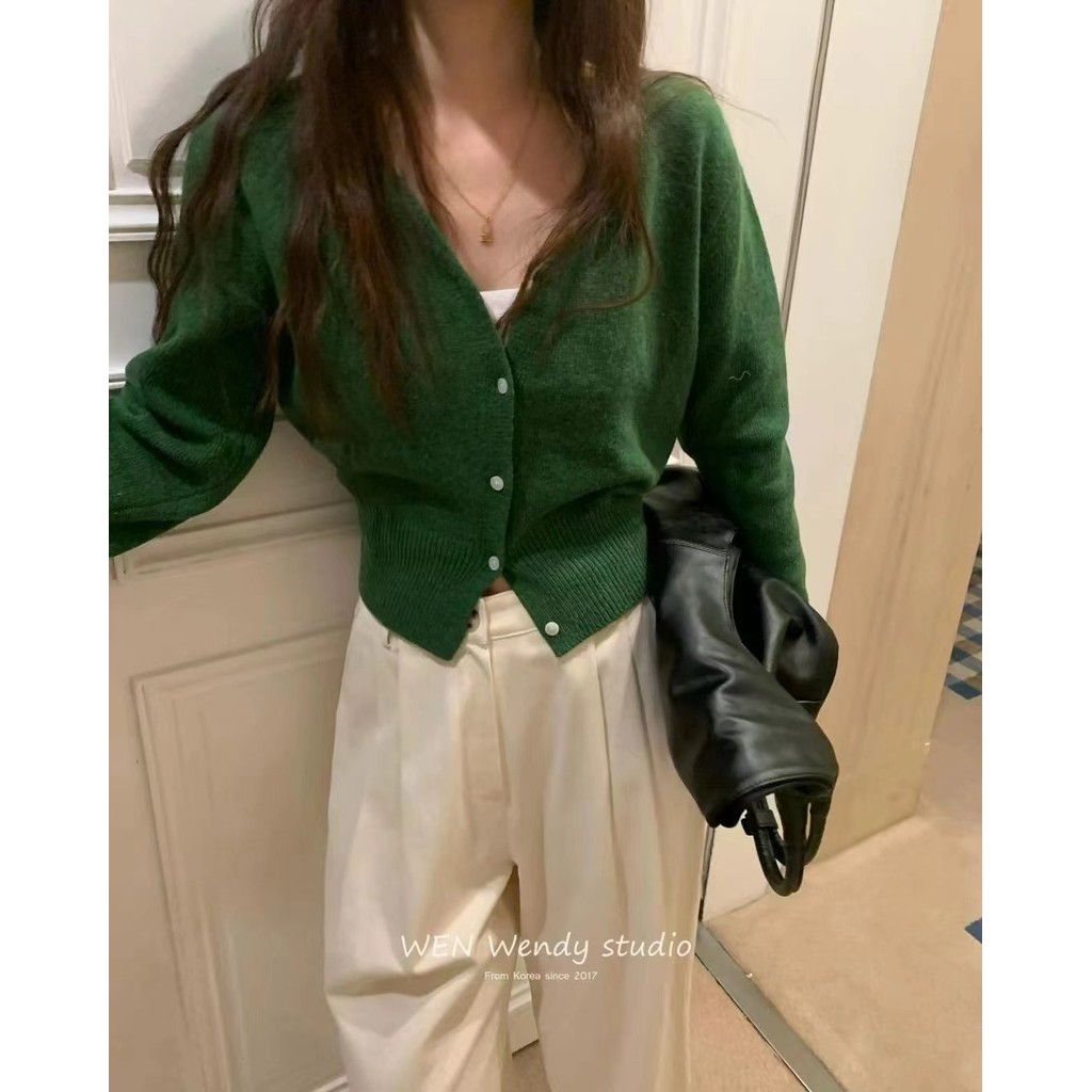 Suxi Retro Màu Trơn Thu Đông Mới Cổ Chữ V Dài Tay Dệt Kim Cardigan Nữ Áo Len Ngắn 240925