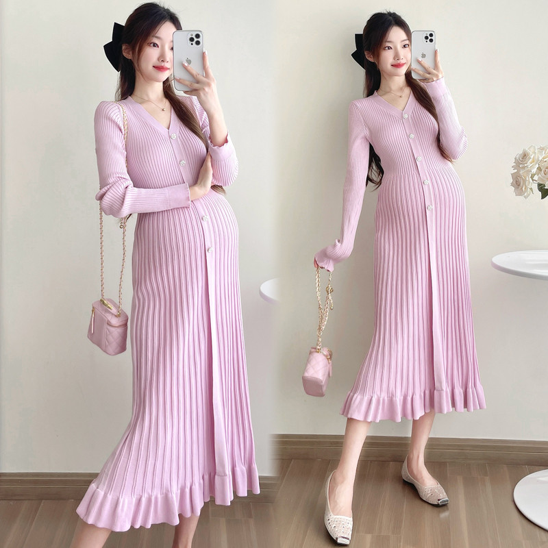 Trang phục bà bầu Thu Đông 2024 Thời trang Cổ chữ V xếp li Đan bà bầu Slimer Nhìn bà bầu