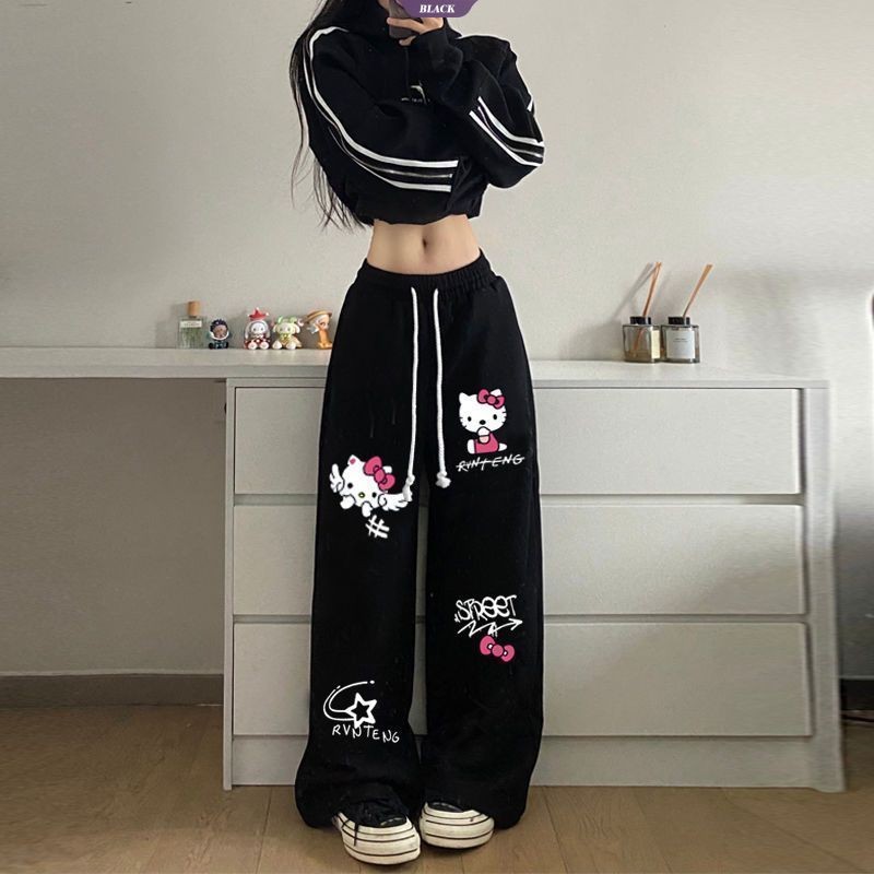 Mỏng Mỹ Retro Hello Kitty In Graffiti Quần Dây Rút Ống Rộng Hip Hop Loose Straight Sweatpants [BL]
