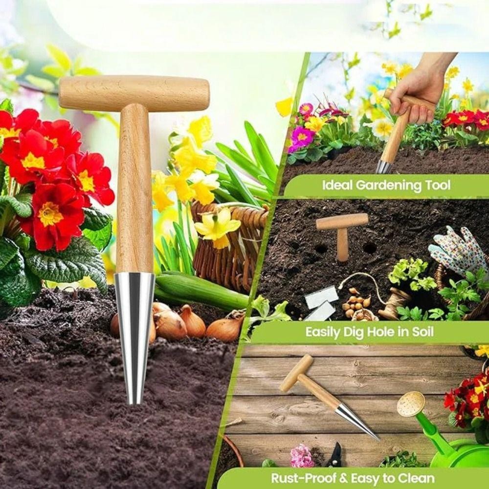 PWSSEND Hand Sow Dibbler, Tay cầm T-Wood Hạt giống gieo Công cụ đục lỗ trong vườn, Bóng đèn cấy ghép Dụng cụ trồng cây đào Dụng cụ phân phối làm vườn