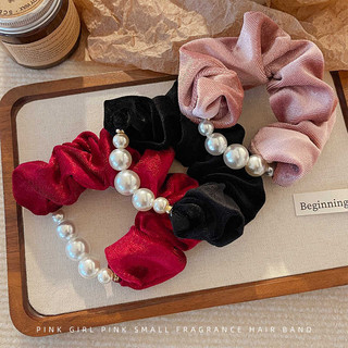 Phụ kiện tóc ngọc trai nhung, dây co giãn đa năng màu đen hồng, phong cách công chúa Hàn Quốc, handmade