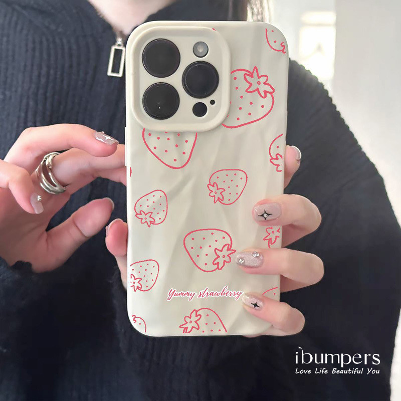 ibumpers Ốp Điện Thoại iPhone Họa Tiết Dâu Dễ Thương Cho IPhone 16 15 14 12 13 11 Pro Max IP 7 8 Plus X XS XR Xếp Ly Ốp Lưng Silicon Mềm Chống Sốc