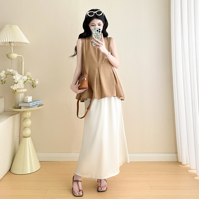 Bộ đồ bà bầu Áo Vest thêu thời trang mùa hè + Váy đuôi cá nâng bụng Bộ đồ hai mảnh