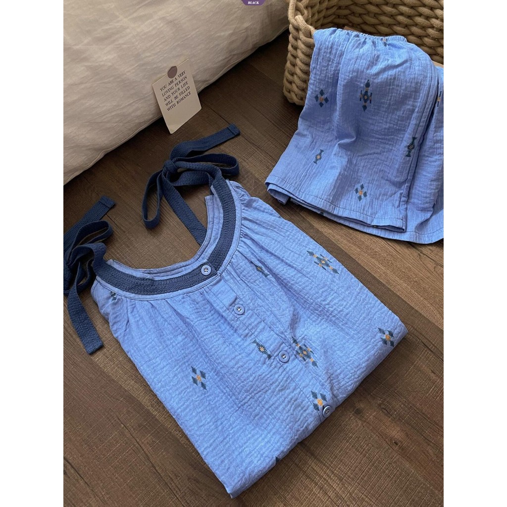 Bộ đồ ngủ in hình màu xanh cho nữ mùa hè Quần short yếm không tay thông thường Bộ đồ mặc nhà [BL]