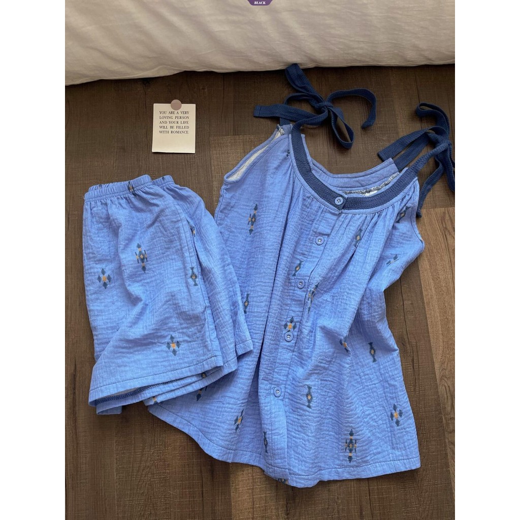 Bộ đồ ngủ in hình màu xanh cho nữ mùa hè Quần short yếm không tay thông thường Bộ đồ mặc nhà [BL]