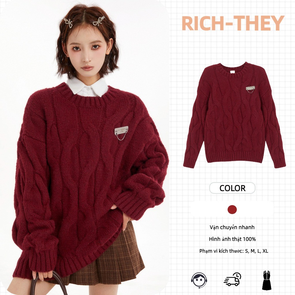 RICH-THEY Áo Len Dệt Kim Dài Tay Màu Đỏ Giản Dị Rộng Rãi Mới Dành Cho ...