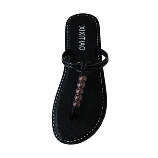 XiXitiao Flat Mùa Hè Màu Sắc Phù Hợp Với Ngoài Trời Mặc Thời Trang Pháp Đính Hạt Đi Biển Flip-Flops Nữ