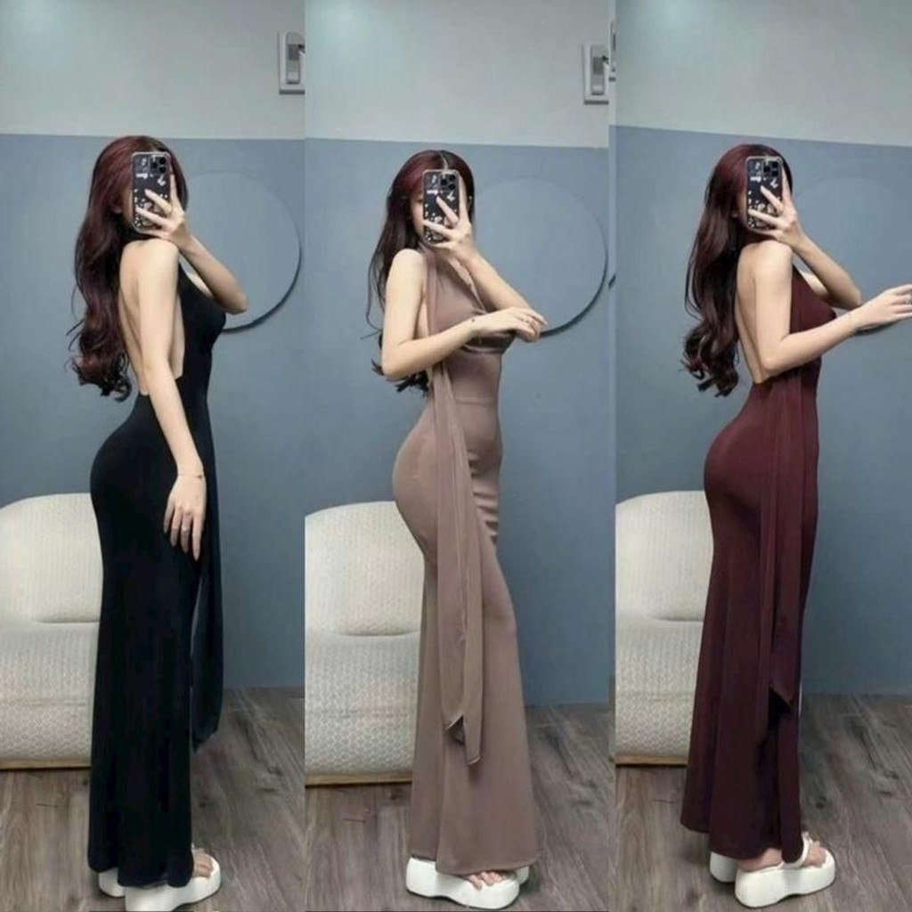 Đầm ôm body dáng đuôi cá cổ đổ, cột nơ hở lưng - Thun gân lạnh,  váy tiệc xᶖnh, tôn dáng