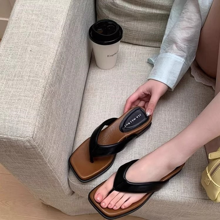 Phong Cách Hàn Quốc Mũi Vuông Flip-Toe Flat Dép Thường Ngày PU Retro Thời Trang Đơn Giản Nữ Mùa Hè Ngoài Trời Đi Biển Dép Đế Bằng Nhà Máy Giá Bán Buôn