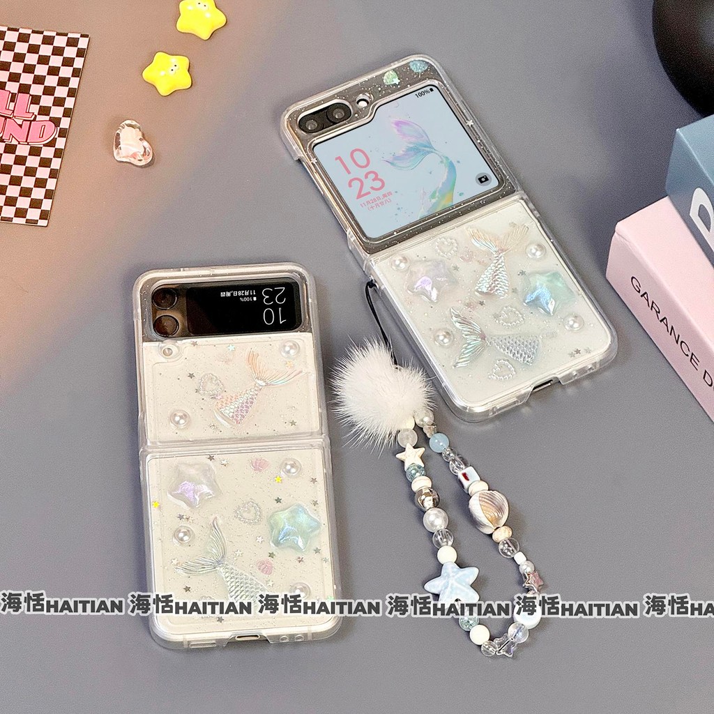 Thích Hợp Cho Samsung Galaxy Z Flip7 Flip6 Thời Trang Trong Suốt Lấp Lánh 3D Ngôi Sao Đuôi Cá Vỏ Điện Thoại Cho ZFlip 7 6 5 4 3 5G N3Flip MixFlip Dây Gấp Bảo Vệ Cứng