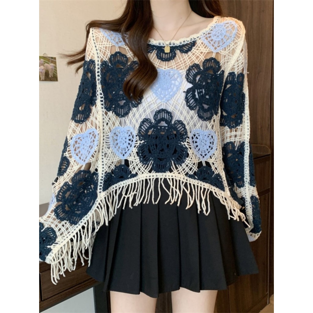 Áo dệt kim móc cổ chữ V kiểu Pháp mỏng nhẹ