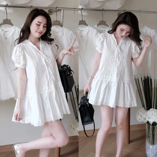 Váy babydoll chất thô mềm mix ren gấu xếp li trước, có dây buộc nơ tiểu thư nhẹ nhàng